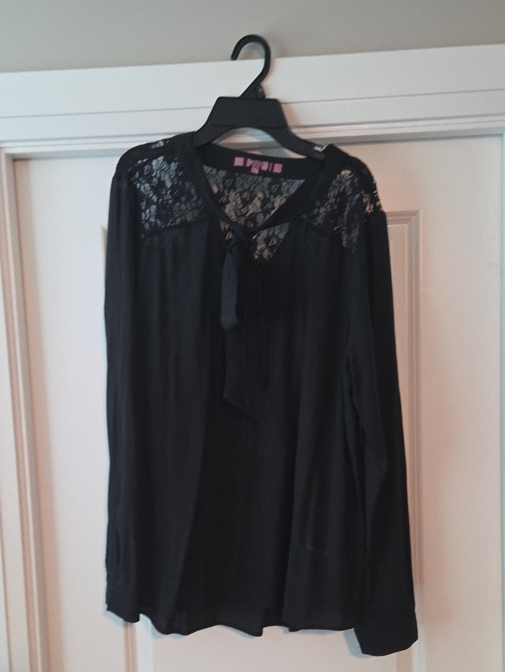 Women's Black Lace Yoke Tie-Neck Blouse